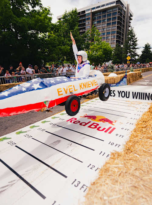 Participant hits a jump at Red Bull Soapbox Race in Salt Lake City, USA, on June 14, 2025