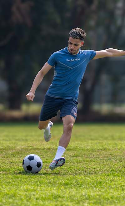 Indian footballer Vikram Partap Singh during a Red Bull training session on the pitch in Mumbai, India, during January 2025.
