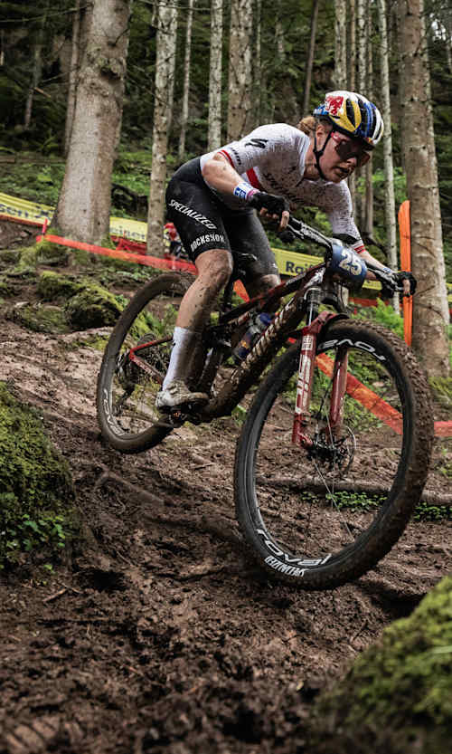 Laura Stigger performs at the UCI Mountain Bike World Series 2025 Stop 07 in Leogang, Austria on June 7th, 2025.   