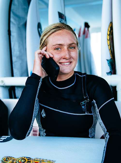 Australian Sierra Kerr makes a phone call in between heats at the 2024 Fiji Pro