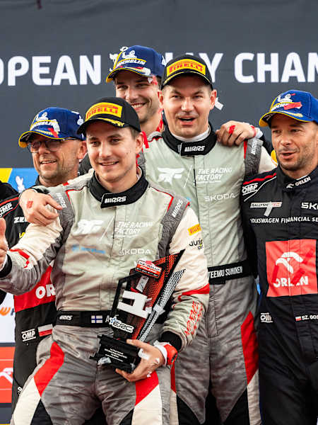 Teemu Suninen celebrates a maiden ERC win