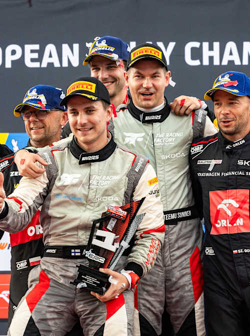 Teemu Suninen celebrates a maiden ERC win
