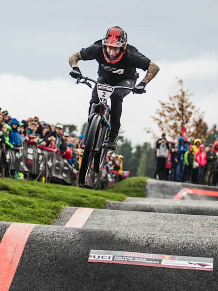 Tommy Zula performs during Red Bull Pump Track World Championship World Final in Bern, Switzerland on October 19, 2019.
