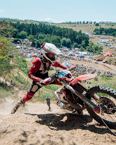 A competitor competes during the fourth off-road day of FIM Hard Enduro World Championship 2024 Stop 4 - Red Bull Romaniacs in Sibiu, Romania on July 27, 2024