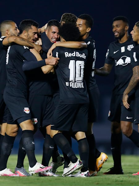 An image of footballers from Red Bull Bragantino celebrating.