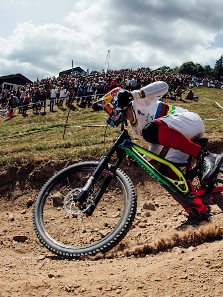 Loic Bruni performs at UCI DH World Cup in Les Gets, France on July 13th, 2019