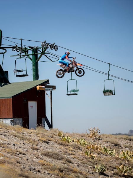 Cody Webb and Taylor Robert drop off a chairlift