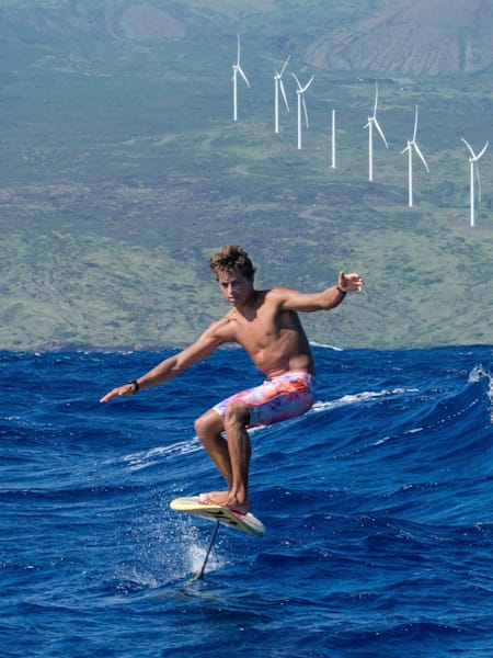 Kai Lenny performs a hydrofoil demo at Downwind Voyage for Change in Hawaii, USA on 28 March, 2017.