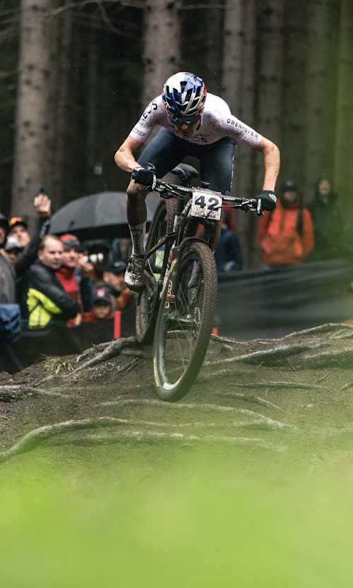 Tom Pidcock performs at UCI XCO World Cup in Nove Mesto na Morave, Czech Republic on May 14, 2023.