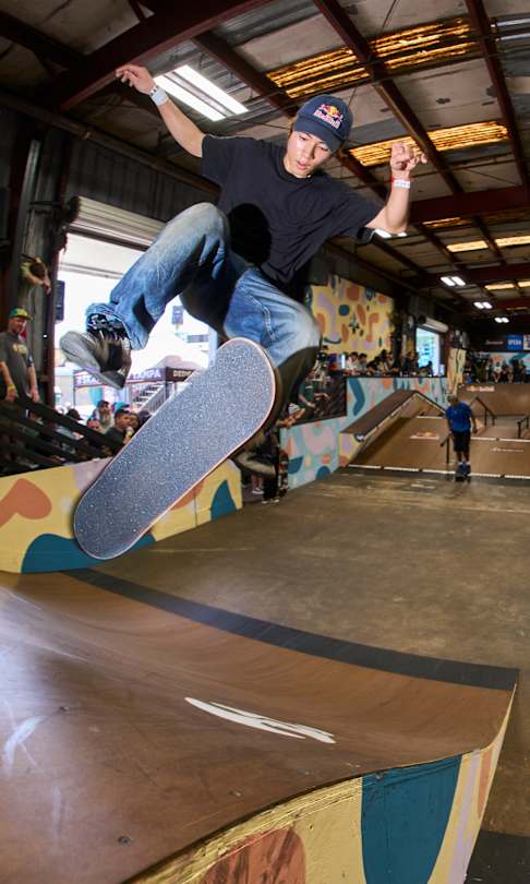 Yuto Horigome 360 flips to fakie at Tampa Pro in Tampa, Florida, USA on April 12, 2026.