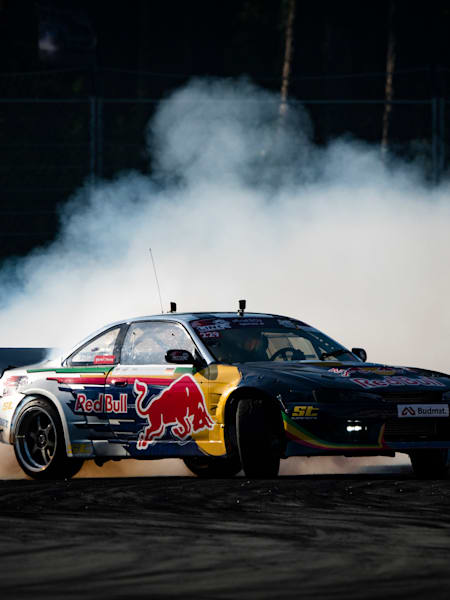 Elias Hountondji performs during Drift Masters European Championship Riga in Riga, Latvia on August 14, 2020.