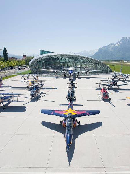 A photo of the Flying Bulls on display between Hangar-7 and Hangar-8 in Salzburg.