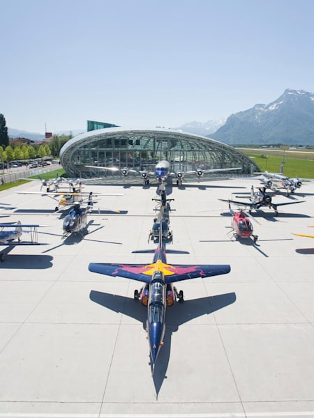 A photo of the Flying Bulls on display between Hangar-7 and Hangar-8 in Salzburg.