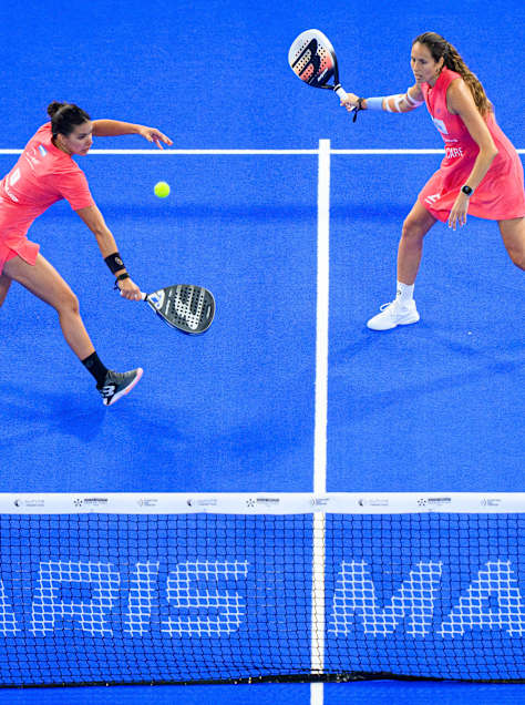 Gemma Triay Pons and Delfina Brea Senesi react during the Alpine Paris Major Premier Padel semi-final match held at the Roland Garros Stadium in Paris, France on September 13, 2025