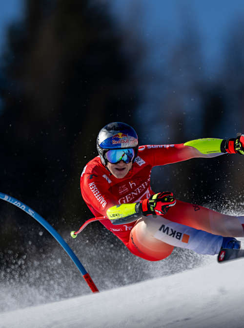 Marco Odermatt banks hard during the Super-G race - which he won - in Kitzbühel, Austria in January 2026. 