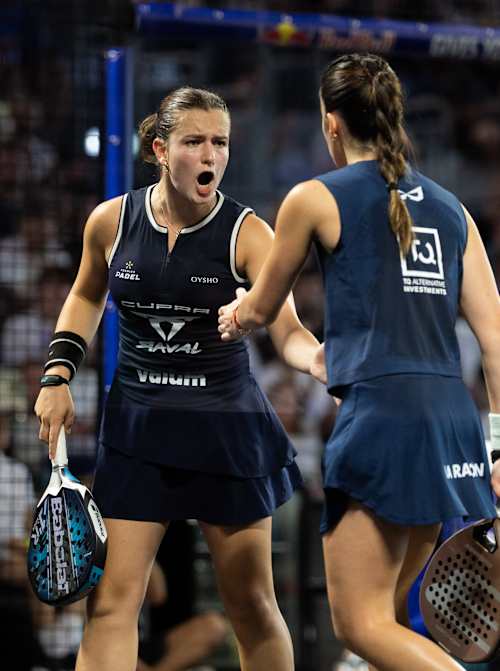 Martina Calvo Santamaria and Claudia Fernandez Sanchez of Spain celebrate their 2026 London Premier Padel P1 final victory at Olympia in London on 9 August