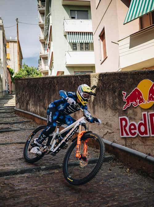 Roger Veira takes on a steep urban descent during Red Bull Genova Cerro Abajo in Genoa, Italy. 