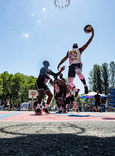 A player leaps for the baskets at the Red Bull Half Court 2021 final in Lausanne, Switzerland.
