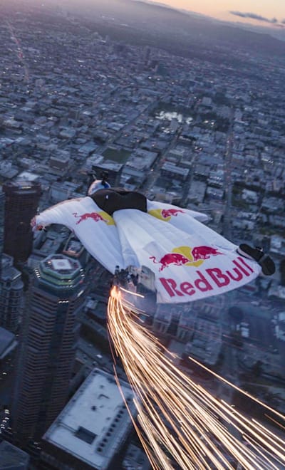 Jon Devore wingsuit flys past the Supermoon in Los Angeles, California, USA on March 20, 2019.