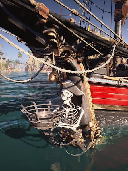 Screenshot aus Skull and Bones zeigt ein Schiff vor Saint-Anne im Hafen liegend.