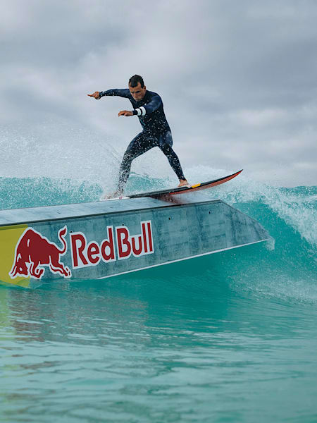 The five-time World Surf League event winner navigates a rail fresh off a breaking wave on February 27, 2020