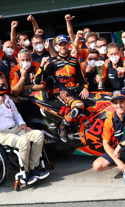 Red Bull KTM Factory racing celebrate becoming the team's first-ever MotoGP™ race win at the 2020 MotoGP™ of the Czech Republic at Brno on August 9, 2020.