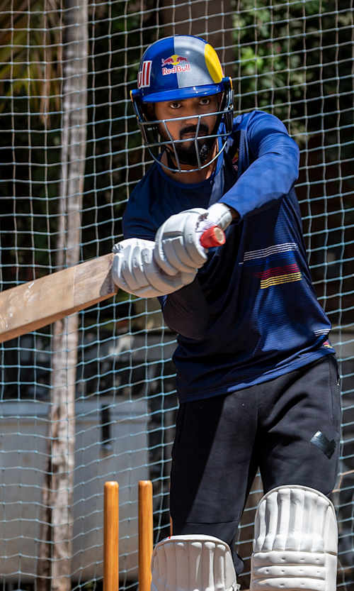 KL Rahul plays a shot during training.