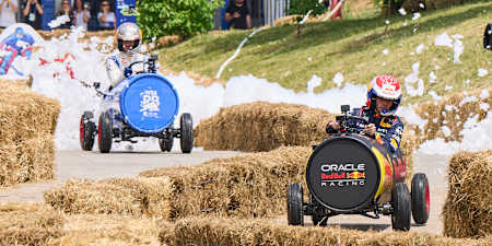 F1 drivers Max Verstappen and Daniel Ricciardo race soapbox cars ahead of the Grand Prix Montreal event