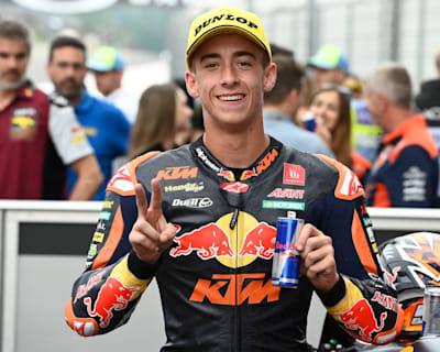 Moto2™ rider Pedro Acosta celebrates after the Italian MotoGP in Mugello, Italy on May 28, 2022.   