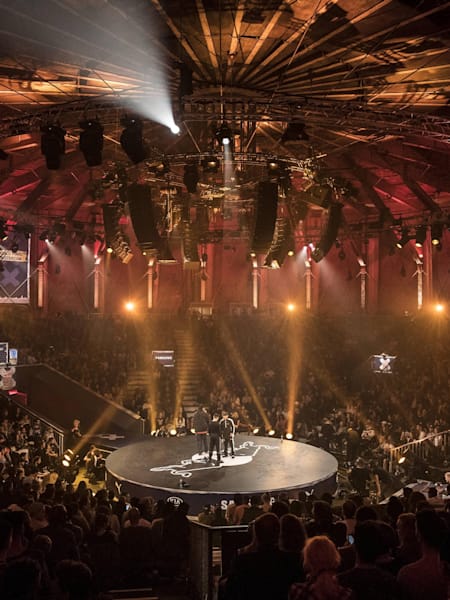 A panoramic shot of the venue from the Red Bull BC One World Final in 2017 at Westergasfabriek in Amsterdam.