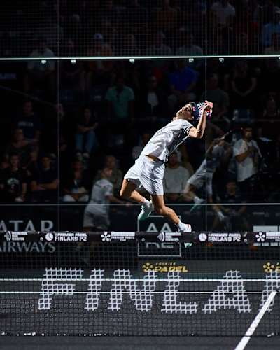 Juan Lebrón smashing an overhead shot during the Finland Premier Padel P2 finals in Nokia, Finland.