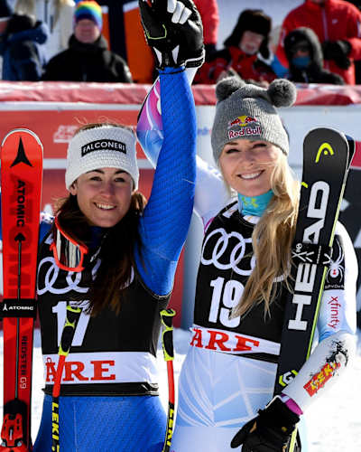 Viktoria Rebensburg, Sofia Goggia und Lindsey Vonn celebrate after the World Cup Downhill in Are, Sweden on March 15, 2018  