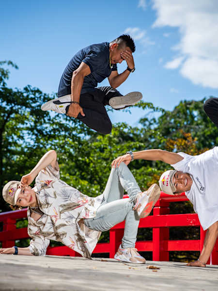 B-Girl Ami, B-Boy Taisuke, B-Boy Shigekix pose for a portrait during ShiroFes in Aomori Prefecture, Japan on July 5, 2021