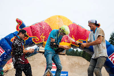 Cameron McCaul 3rd, Thomas Genon 1st, Martin Soderstrom 2nd celebrate on the podium at Red Bull Joyride in Whistler, Canada on the 18th of August, 2012