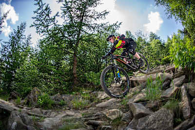 A rider takes on a trail at BikePark Wales in Wales.