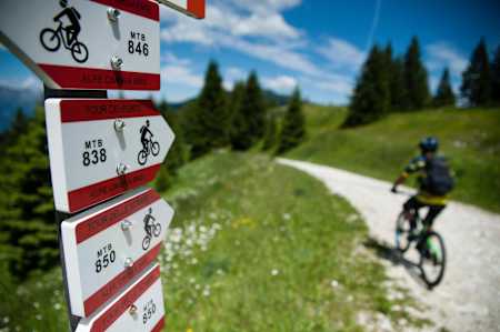 MTB rider Eugenio Carugati on a trial in Alpe Cimbra, Italy on June 26, 2018.