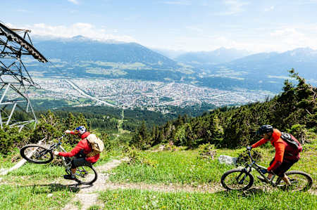 Stefan Eberharter and Tom Öhler riding Nordketten Singletrail, Austria, July 10, 2019.