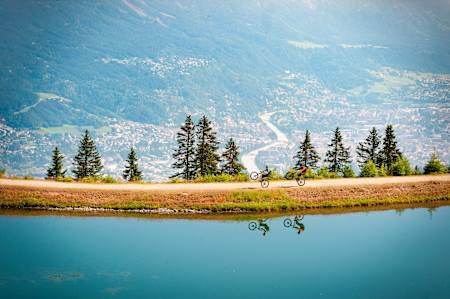 Stefan Eberharter and Tom Öhler mountain biking in Innsbruck, Austria, July 10, 2019.