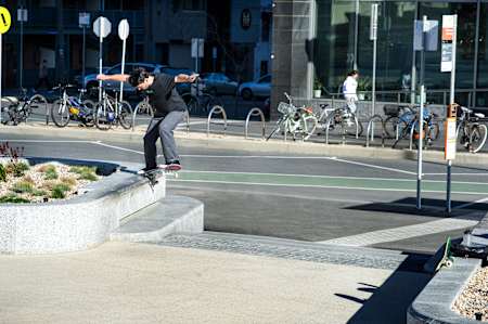 Street-level in the skateboarding-est city in Australia with Pat Roberts and a grind which requires both pinch and pop to roll away from.