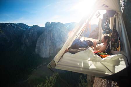 Kevin Jorgeson rests up before climbing El Capitan in Yosemite National Park.