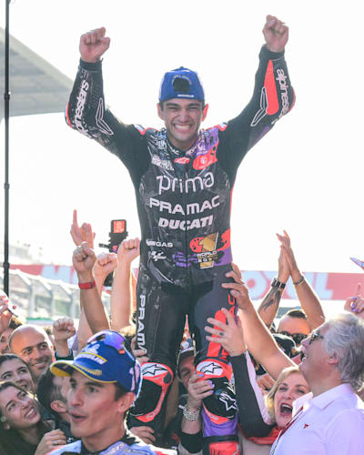 Jorge Martin celebrates winning the 2024 MotoGP World Championship in Barcelona on November 17, 2024. 