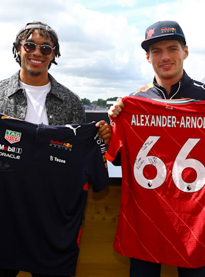 Max Verstappen meets Trent Alexander-Arnold prior to the F1 Grand Prix of Great Britain at Silverstone on July 3, 2022 in Northampton, England.