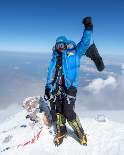 Saray Khumalo celebrates reaching the summit of Mount Elbrus in 2014