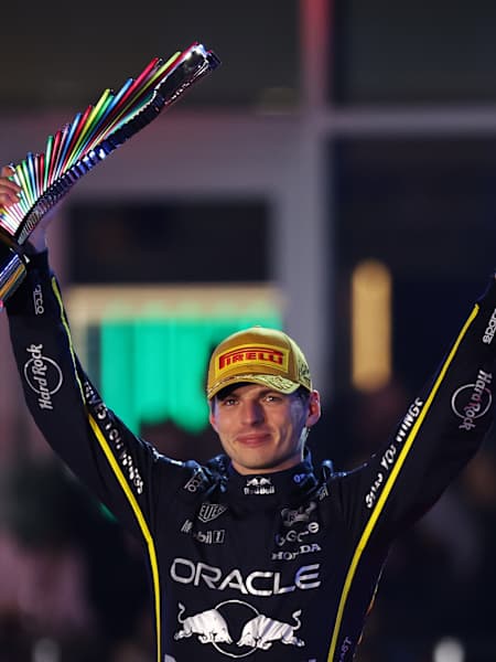 Max Verstappen lifts his trophy on the podium during the F1 Grand Prix of Las Vegas at Las Vegas Strip Circuit on November 22, 2025 in Las Vegas, Nevada. 