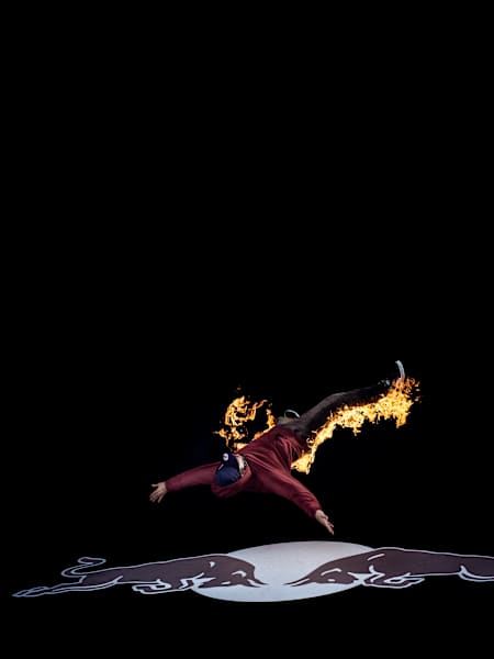 B-Boy Lil G performs during the Red Bull Fire and Water shoot in Salzburg, Austria on July 11, 2018.