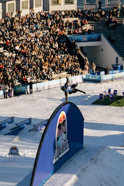 Emil Granbom railing the Rainbow rail at Best Trick at Red Bull Unrailistic 2026 in Åre Sweden