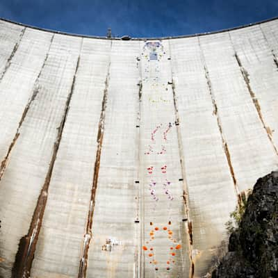 Verzasca Dam, Switzerland, the venue of Red Bull Dual Ascent, from from the bottom to the top