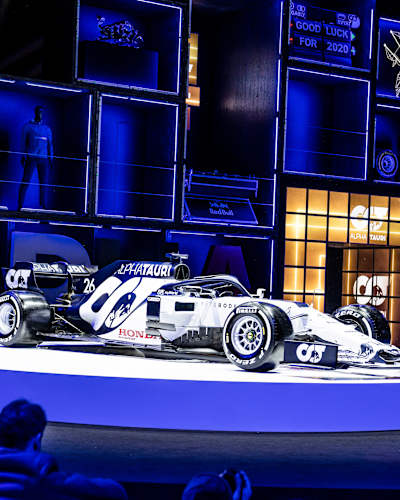 The 2020 team car pictured during the launch of the Scuderia AlphaTauri Formula 1 team and AlphaTauri SS20 and AW20–21 clothing lines in Hangar-7, Salzburg, Austria on February 14, 2020.