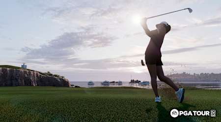 Screenshot aus EA Sports PGA Tour zeigt eine Spielerin beim Schlag mit einem See im Hintergrund.