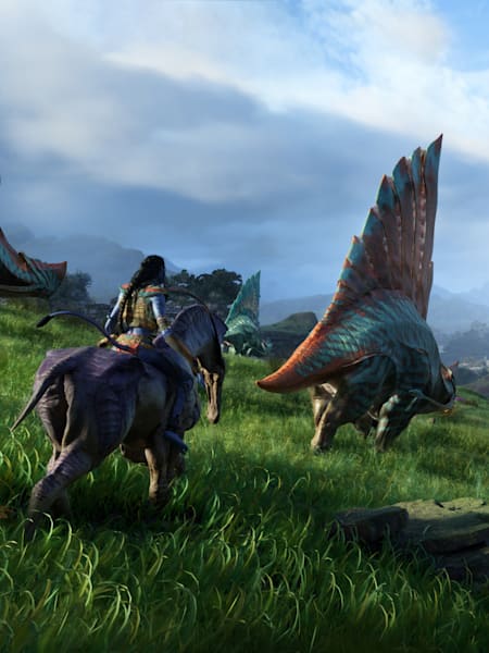 Screenshot aus Avatar Frontiers of Pandora zeigt eine Na'vi auf einem Reittier. in der offenen Welt von Pandora